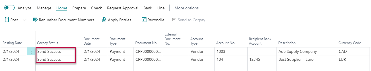 Corpay Status column updated to Send Success